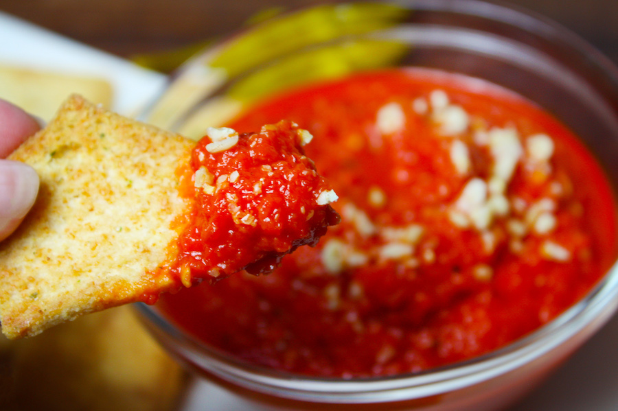 Roasted Red Pepper Dip on Pita Chip